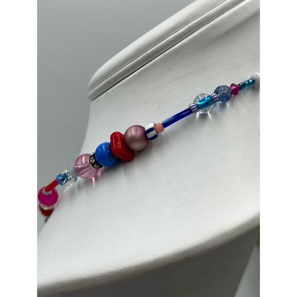 Designer Signed Artisan Evil Eye Multicolor Red Blue Glass Resin Necklace - Picture 6 of 8